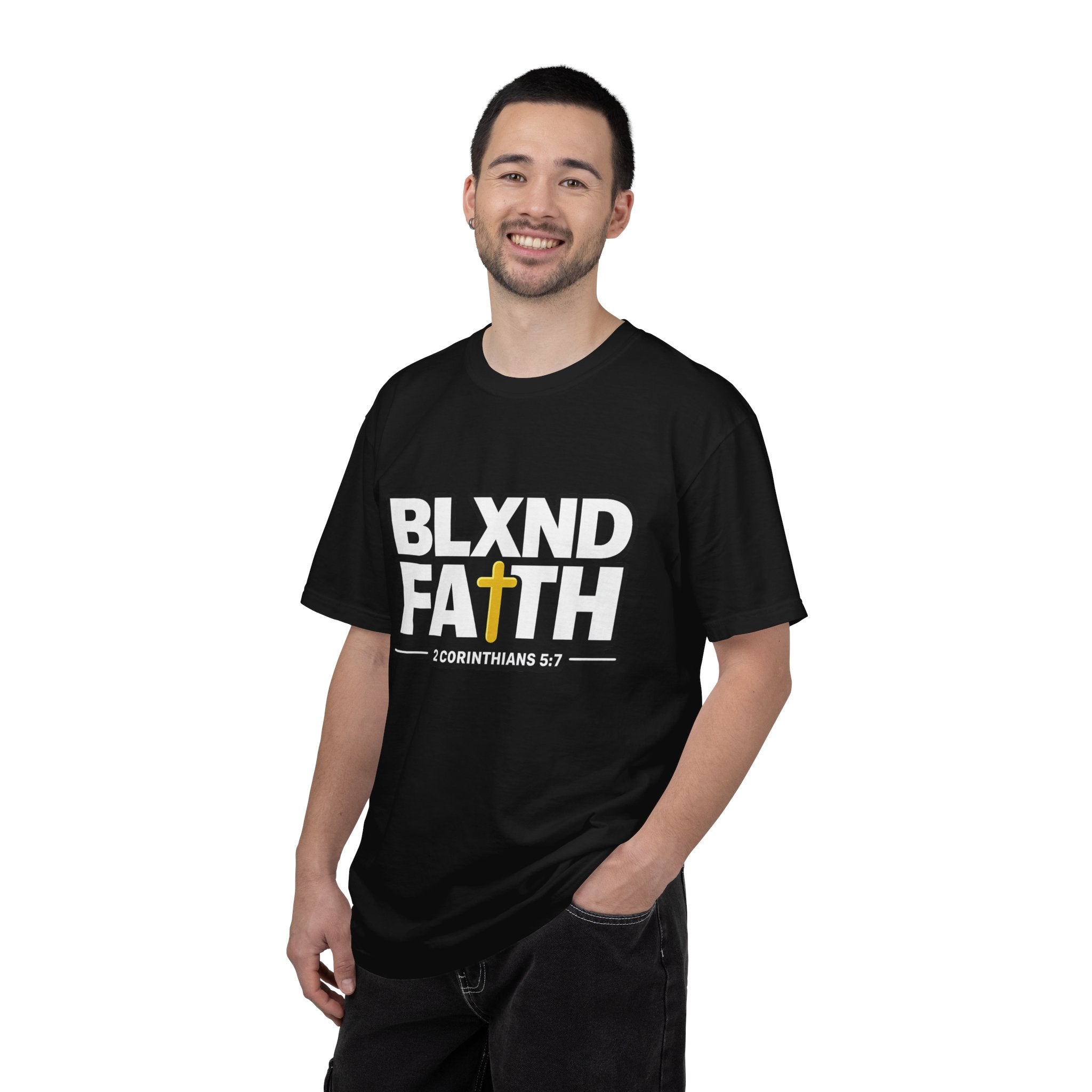 BLXND FAITH T-Shirt — Christian Scripture 2 Corinthians 5:7 Cross Graphic Tee